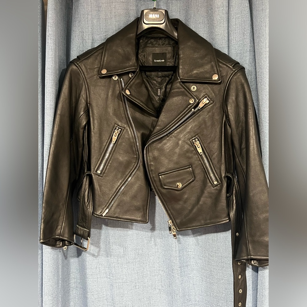 Bebe black bovine Leather Biker Jacket ((please read the description))